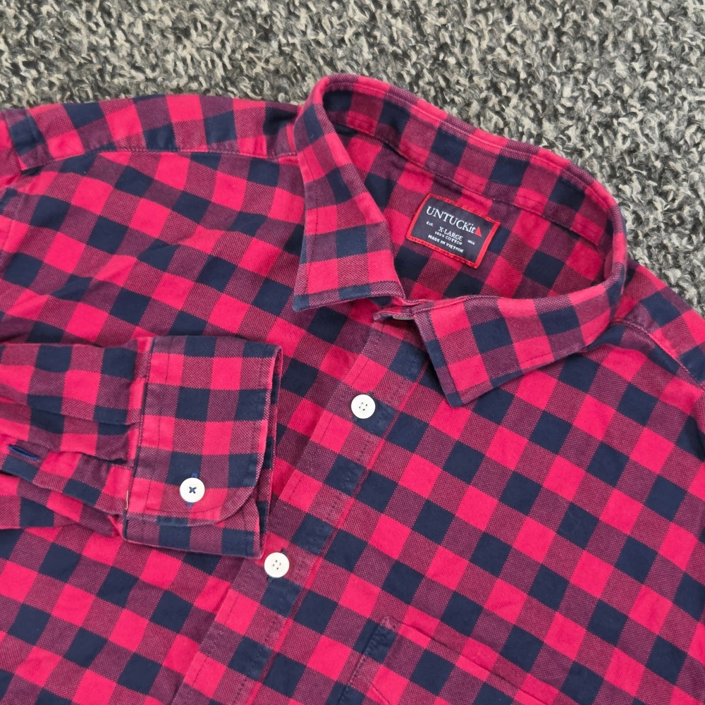 UNTUCKit Mens XL Red Navy Blue Buffalo Check Cotton Long Sleeve Button Down
